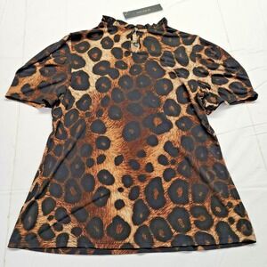 Atelier29 Short Sleeve Polyester Blend High Ruffle Neck Cheetah Print XXL